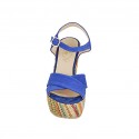 Woman's strap sandal with platform in cornflower blue suede and multicolored fabric wedge heel 12 - Available sizes:  42