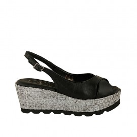 Sandale pour femmes en cuir noir et tissu gris talon compensé 6 - Pointures disponibles:  42