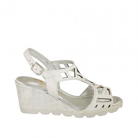 Woman's sandal in white pierced leather and white and silver fabric with wedge heel 6 - Available sizes:  31, 42