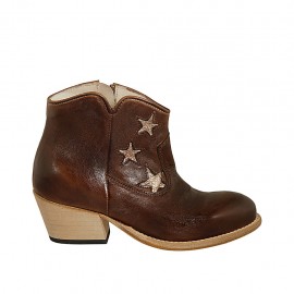 Woman's Texan ankle boot with zipper and platinum stars in brown leather heel 5 - Available sizes:  33