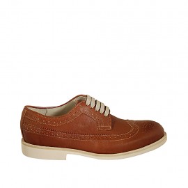 Men's laced derby shoe with Brogue decorations in tan-colored leather  - Available sizes:  46, 49, 50