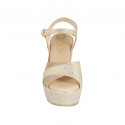 Woman's strap sandal in taupe and platinum laminated printed suede with platform and wedge heel 9 - Available sizes:  43