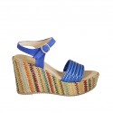 Woman's sandal in cornflower blue suede and laminated leather and multicolored fabric with strap, platform and wedge heel 9 - Available sizes:  42, 44