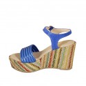 Woman's sandal in cornflower blue suede and laminated leather and multicolored fabric with strap, platform and wedge heel 9 - Available sizes:  42, 44