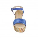 Woman's sandal in cornflower blue suede and laminated leather and multicolored fabric with strap, platform and wedge heel 9 - Available sizes:  42, 44