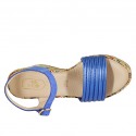 Woman's sandal in cornflower blue suede and laminated leather and multicolored fabric with strap, platform and wedge heel 9 - Available sizes:  42, 44