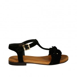 Woman's strap sandal with flowers in black suede heel 1 - Available sizes:  33