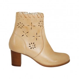 Woman's ankle boot with zipper in beige leather and pierced leather heel 6 - Available sizes:  43