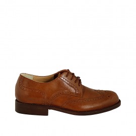 Men's laced derby shoe with Brogue decorations in tan-colored leather - Available sizes:  36, 47, 50, 52