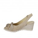 Woman's sandal with bow in beige and white printed suede wedge heel 6 - Available sizes:  42