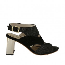 Sandalia para mujer en gamuza y gamuza imprimida brillante negra tacon 7 - Tallas disponibles:  33, 34