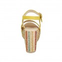 Woman's strap sandal with platform in yellow suede, yellow and platinum laminated leather and multicolored wedge heel 9 - Available sizes:  42, 43, 44