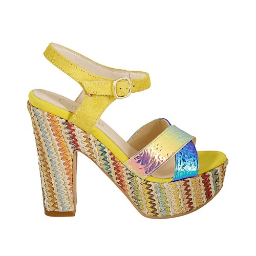Sandalo con cinturino da donna con plateau in camoscio giallo, vernice olografica multicolore e tessuto multicolore tacco 12 - Misure disponibili: 42