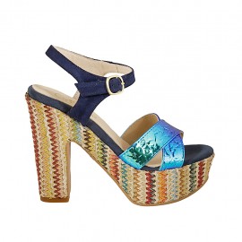 Sandalo con cinturino da donna con plateau in camoscio blu, vernice olografica multicolore e tessuto multicolore tacco 12 - Misure disponibili: 43