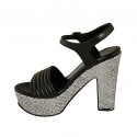 Sandalia para mujer con plataforma y cinturon en piel negra y tejido gris tacon 12 - Tallas disponibles:  43