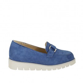 Mocasín para mujer con accesorio y plantilla extraible en gamuza azul claro cuña 3 - Tallas disponibles:  42, 45