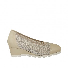 Woman's pump in beige transparent fabric and patent leather with removable insole wedge heel 5 - Available sizes:  42, 44