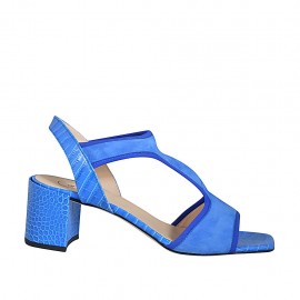 ﻿Woman's sandal with elastic band in cornflower blue suede and printed leather heel 7 - Available sizes:  43, 44, 46