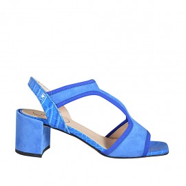 ﻿Sandalia para mujer con elastico en gamuza y piel estampada azul aciano tacon 6 - Tallas disponibles:  32, 33, 34