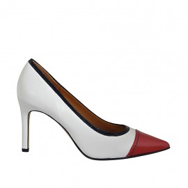 ﻿Woman's pump shoe in white leather and blue and red patent leather heel 8 - Available sizes:  32, 42