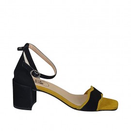 Woman's open shoe with anklestrap in black and yellow suede heel 6 - Available sizes:  34, 42