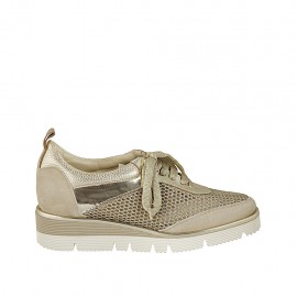 Woman's laced shoe in platinum laminated printed leather, suede and and pierced fabric wedge heel 3 - Available sizes:  45