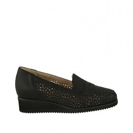 Woman's loafer with removable insole in black pierced leather wedge heel 3 - Available sizes:  31