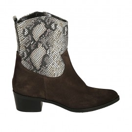 Woman's pointy texan ankle boot with zipper in brown suede and printed leather heel 4 - Available sizes:  32