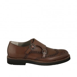 Men's shoe with buckles and Brogue decorations in brown leather - Available sizes:  46, 47