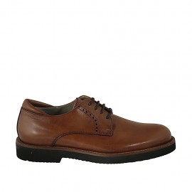 Men's laced derby shoe in smooth tan brown leather  - Available sizes:  46