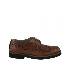 Men's laced derby shoe in tan brown leather with Brogue decorations - Available sizes:  46