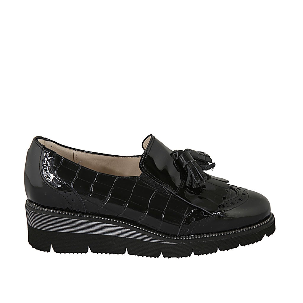 black patent wedge loafers