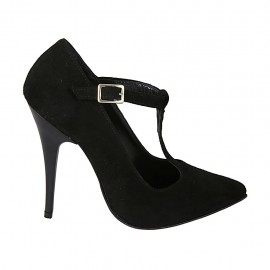 Woman's T-strap pump in black suede heel 11 - Available sizes:  31