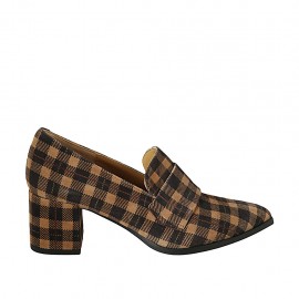 Woman's pointy loafer in plaid brown and beige suede heel 6 - Available sizes:  42, 43