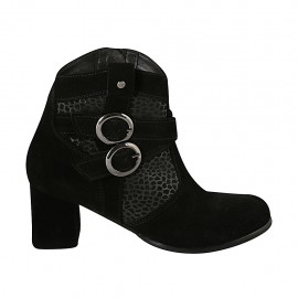 Botines para mujer con cremallera y hebillas en gamuza negra y moteada tacon 6 - Tallas disponibles:  32, 33, 43