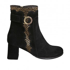 Woman's ankle boot with zipper and buckle in black and golden spotted suede heel 6 - Available sizes:  32, 42