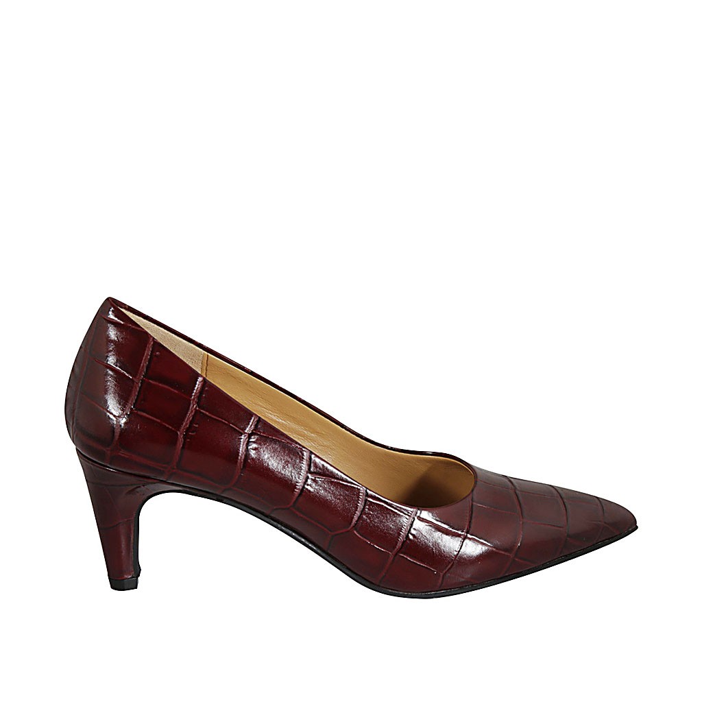Women's pump shoe in maroon printed leather heel 6