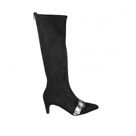 Bottes à bout pointu pour femmes avec fermeture éclair et boucle en daim elastique noir et cuir imprimé noir et blanc talon 6 - Pointures disponibles:  31