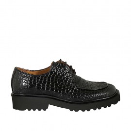 Zapato derby para mujer con cordones en piel imprimida negra tacon 3 - Tallas disponibles:  32, 42, 43