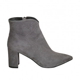 Botines puntiagudos para mujer con cremallera en gamuza gris imprimida brillante tacon 7 - Tallas disponibles:  43