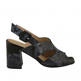 Woman's sandal in blue and black printed leather and patent leather heel 7 - Available sizes:  44