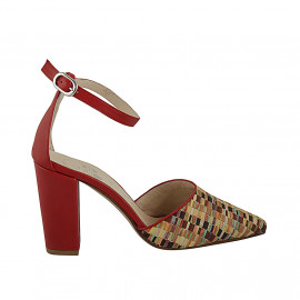 Scarpa aperta a punta da donna con cinturino in pelle rossa e tessuto intrecciato multicolore tacco 9 - Misure disponibili: 42