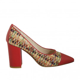 Zapato de salon puntiagudo en piel roja y tejido trensado multicolor para mujer tacon 8 - Tallas disponibles:  42