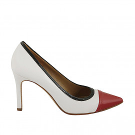 Woman's pump shoe in white leather and red and blue patent leather heel 8 - Available sizes:  32, 42