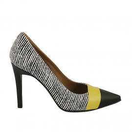 Woman's pointy pump in black and white leather and yellow patent leather heel 9 - Available sizes:  31