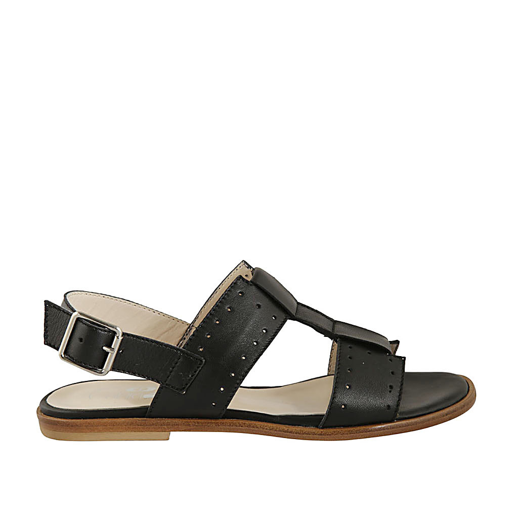 Woman's sandal in pierced black leather heel 1