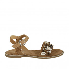 Woman's strap sandal with rhinestones and seashells in beige suede heel 1 - Available sizes:  33