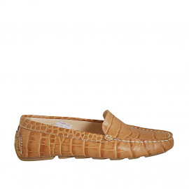 Woman's loafer with removable insole in tan brown printed leather - Available sizes:  45