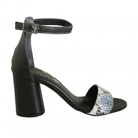 Zapato abierto para mujer con cinturon en piel azul oscuro y piel imprimida azul claro tacon 7 - Tallas disponibles:  42