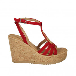 Woman's sandal in red suede with strap, studs, platform and wedge heel 10 - Available sizes:  42